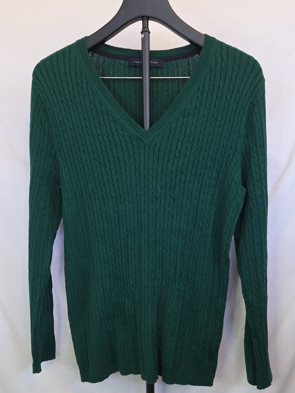 Tommy Hilfiger Hunter Green Cable Knit V-Neck Sweater